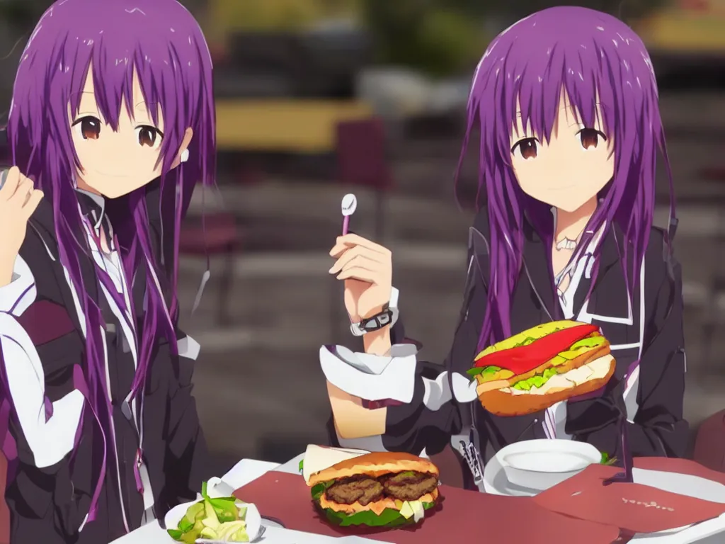 Image similar to yuuki konno from sword art online eating a big burger and being happy, purple hair, High Definition detail, 8K, anime