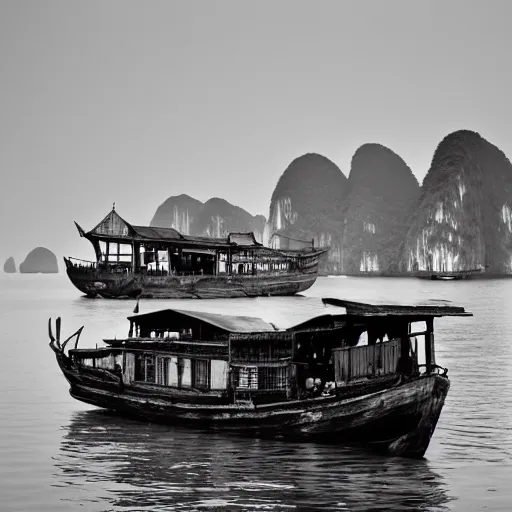 Image similar to old black and white photo of the Junk boats of Halong bay, ancient artifact, foggy, surreal, photorealistic