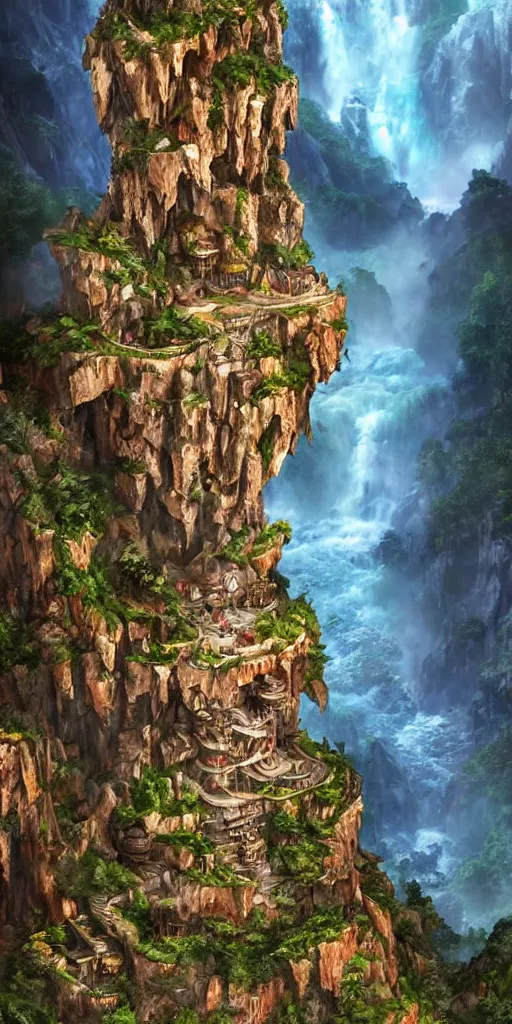 Prompt: a stacked mountain tower of pirate ships ornate with gold trimmings by zhelong xu carved into the side of subterranean rocky cliffs side by side a Very tall huge raging waterfall, lush colorful wildflowers and trees, river at the bottom, wide angle, insanely detailed, intricate, epic lighting, cinematic composition, by eddie mendoza and raphael lacoste, trending on artsation, octane render, hyper realistic, vray