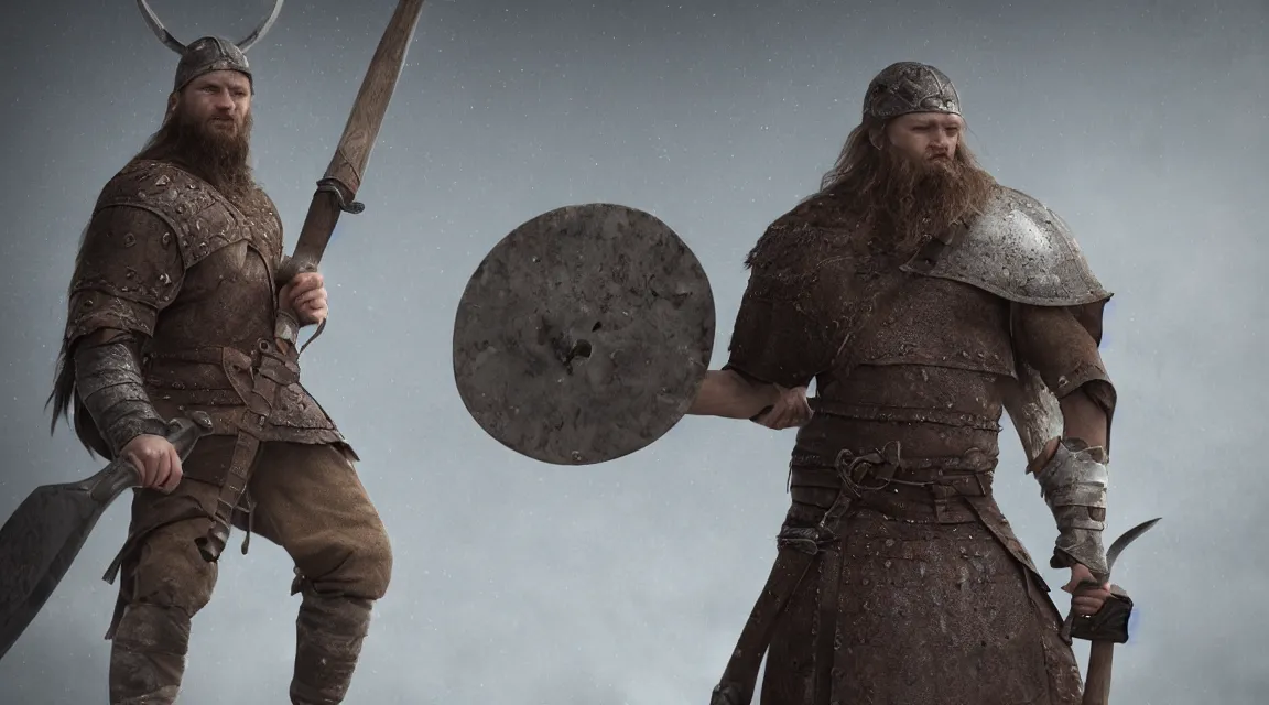 Image similar to Viking warrior background Canon, 100mm, octane render, photorealistic, sword and axe, detailed, cinematic, 8k no blur, volumetric lightning