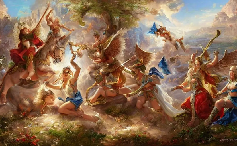 Image similar to The epic battle of elves and angels on the ancient ruins. By Konstantin Razumov, highly detailded