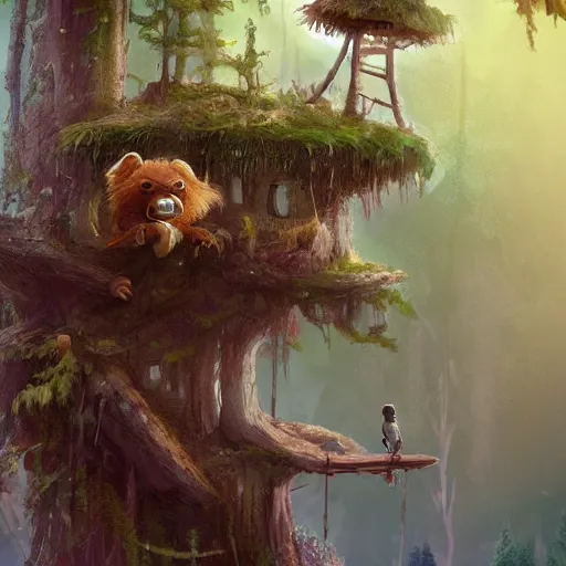 Image similar to adventurous ewok exploring the connected treehouses on top the tall wooded forest, artstation, colorful