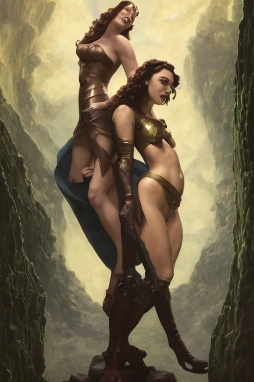 Image similar to A fantasy comic book style Oil Painting portrait of hybrid Scarlett Johansson and Gal Gadot, as Atlantean Reptilian Warriors, Mystical Valkyrie, unreal 5, DAZ, hyperrealistic, octane render, Regal, Refined, Detailed Digital Art, RPG portrait, William-Adolphe Bouguereau, Michael Cheval, Walt Disney (1937), François Boucher, Steampunk, Josephine wall, dynamic lighting, Highly Detailed, Cinematic Lighting, Unreal Engine, 8k, HD