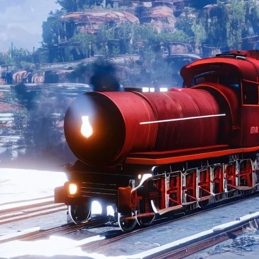 Image similar to futuristic sleek steam locomotive in red dead redemption 2