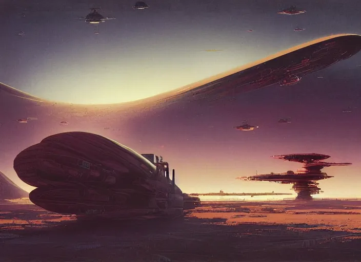 Image similar to a huge vividly - coloured spacecraft in an empty landscape by martin deschambault, dean ellis, peter elson, josan gonzalez, david a hardy, john harris, wadim kashin, angus mckie, bruce pennington, retro 1 9 3 0 s sci - fi art