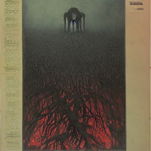 Prompt: first page of a newspaper covered in blood and roots, by Beksinski, hell in the background