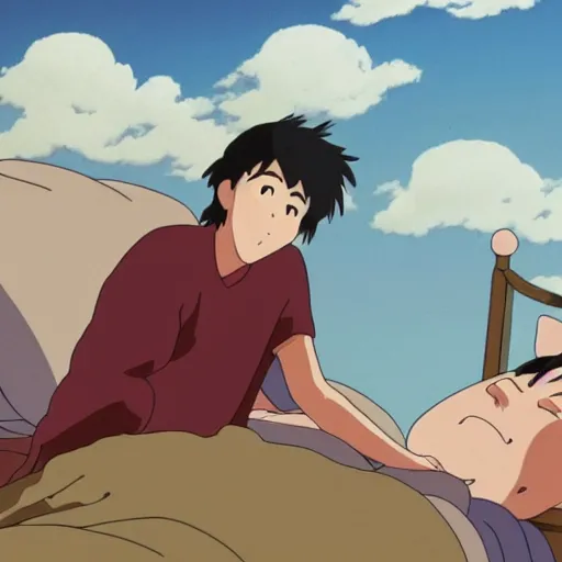 Image similar to studio ghibli animation of a guy waking up on a bed in the middle of clouds