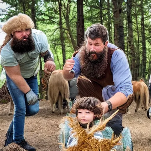 Prompt: aggressive bearded forestry man pushing kids out of the way at a petting zoo with lammas