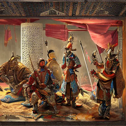 Prompt: portrait of smart tai armored warlords sit in traditional tent, asian interior decoration, oil painting, fantasy, detailed and intricate environment