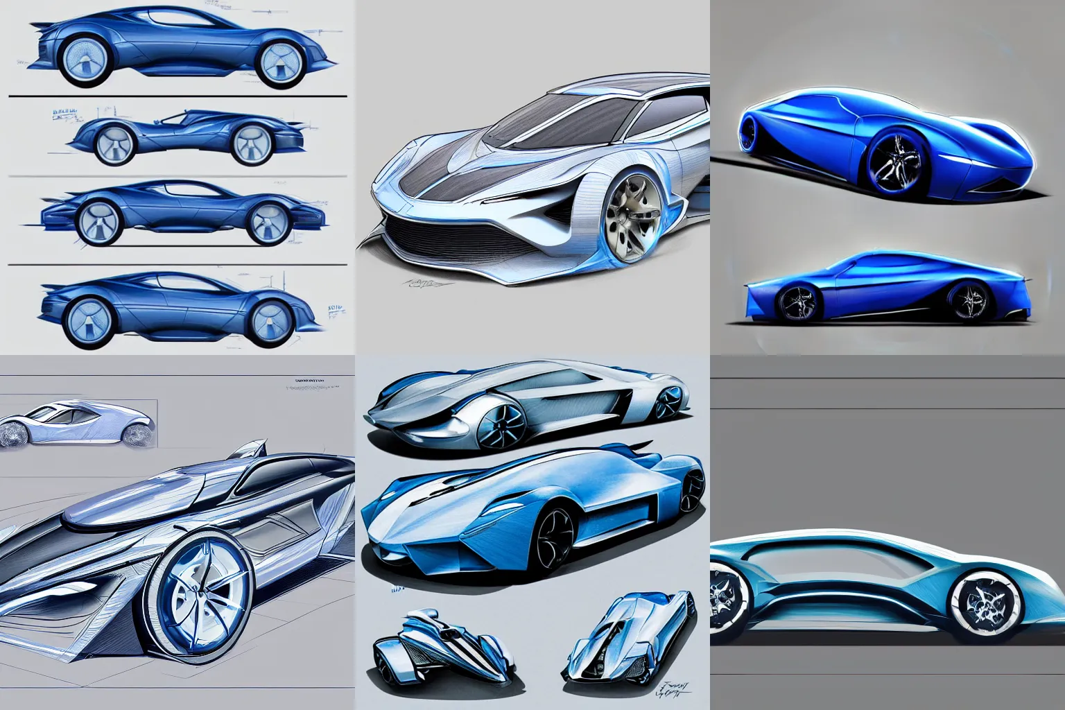 Prompt: blueprint drawings of a futuristic sport car, concept art, industrial design, artstation