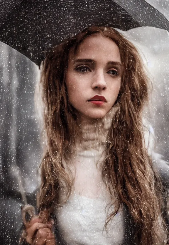 Image similar to cute model hermione granger in open toe heels posing in dunwall city, beautiful face, detailed face, realistic eyes, cinematic lighting, rainy weather, melancholy atmosphere, volumetric light, gothic architecture, realistic reflections, model agency, instagram photo, depression atmosphere, shot on sony a 7 iii, beauty filter, postprocessing