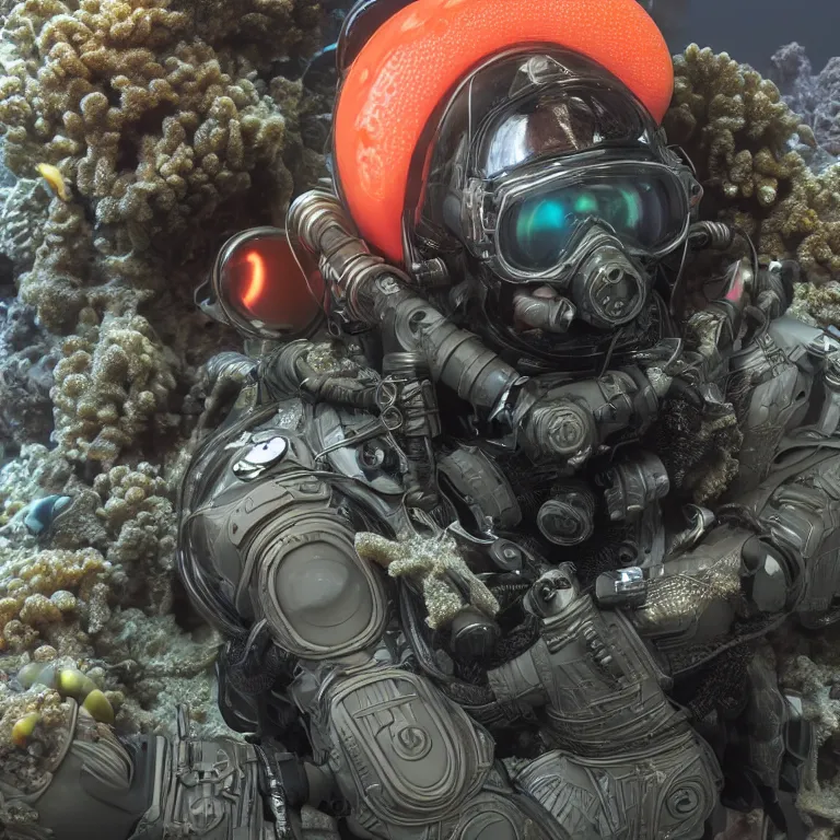 Image similar to octane render portrait by wayne barlow and carlo crivelli and glenn fabry, subject is a shiny reflective tactical black ops futuristic scuba diver with small lights inside helmet, surrounded by bubbles inside an exotic alien coral reef aquarium full of exotic fish, cinema 4 d, ray traced lighting, very short depth of field, bokeh