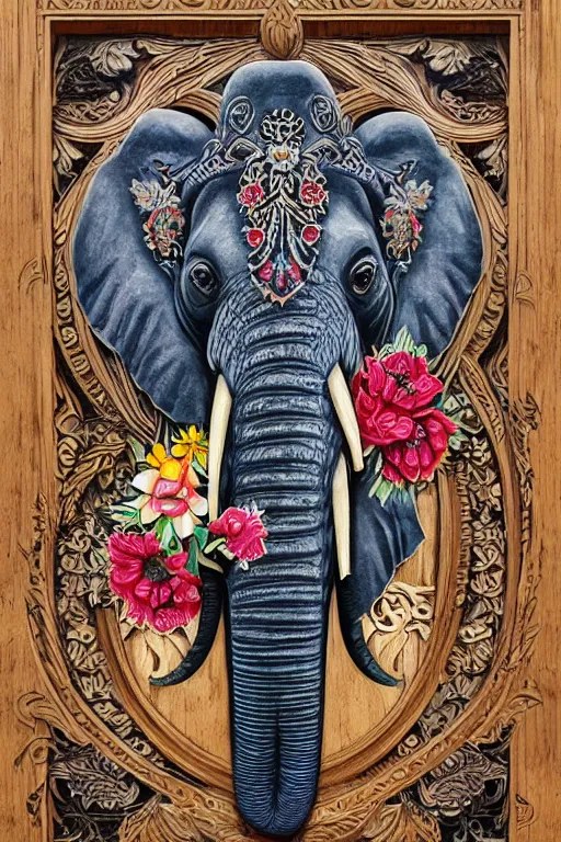 Image similar to Painted dark-wood panel relief carving of a close up of a Flowerpunk Matriarch Elephant, ornate border frame, explosion of colorful flowers, dark wood, intricately carved, black ink, festival of rich colors, intricate details, cinematic lighting, volumetric lighting, post-processing, art nouveau, tarot, fractal art, mandala, by andreas rocha and john howe, and Martin Johnson Heade, featured on artstation, featured on behance, golden ratio, hyper detailed, photorealistic, epic composition, center spotlight, f32, well composed, symmetrical, UE5, 8k