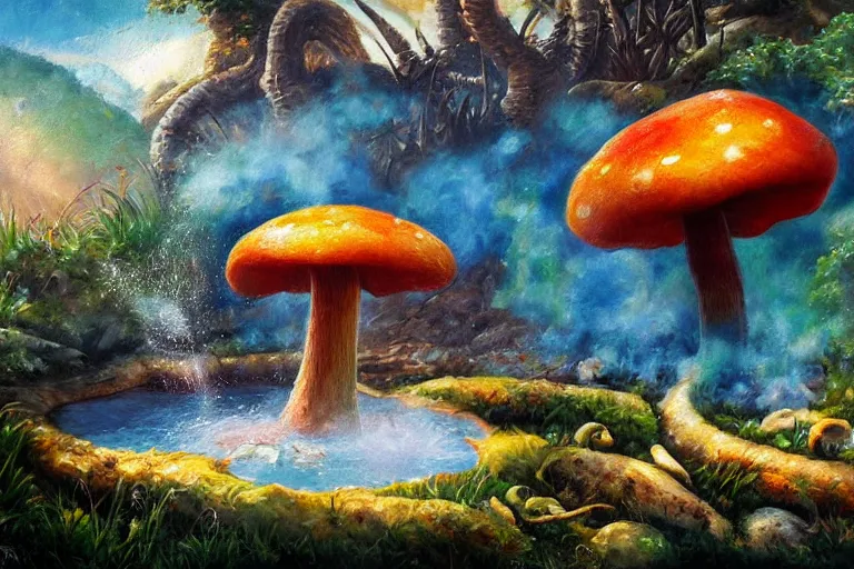 Image similar to highly detailed oil painting of a dinosaur ( ( mushroom ) ) in a steaming colorful hotspring, featured on artstation