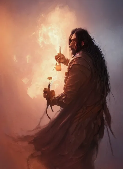 Image similar to portrait of a man with long black hair in brown rags holding a glowing device, fantasy, d & d, heartstone, digital painting, volumetric light, intricate, sharp, focus, bloom, illustration, highly detailed, concept art, matte, ruan jia, randy vargas, greg rutkowski