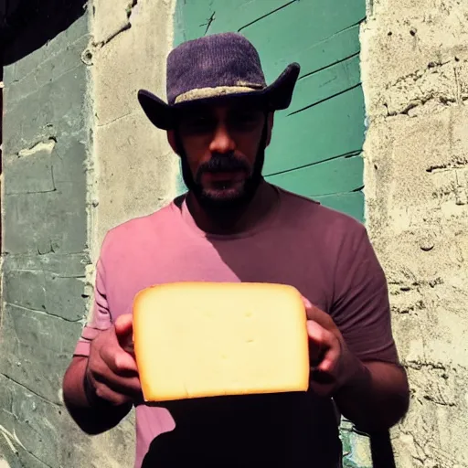 Image similar to photo of a very suspicious shady man holding cheese in a dark alleyway