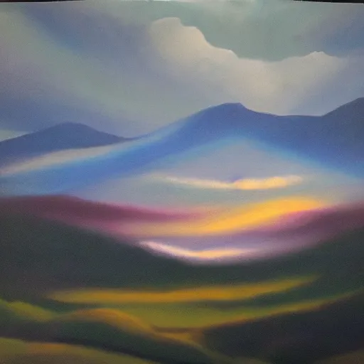 Prompt: silhouette of mountains made of light!!! bright cloudy sky, overexposed, oil on canvas