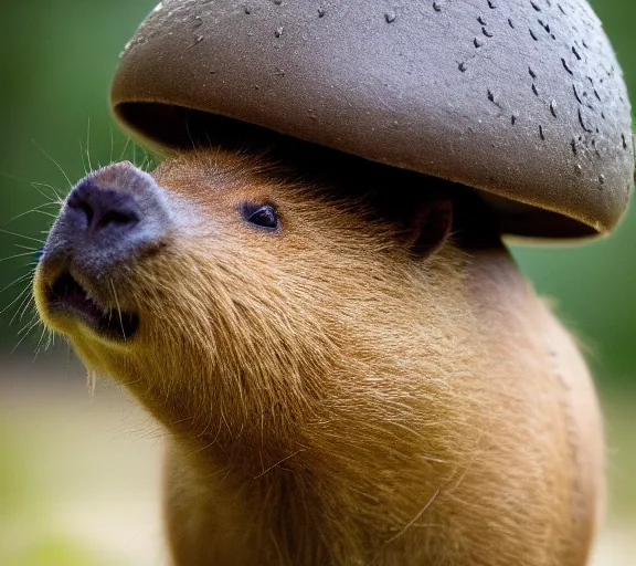 Image similar to a photo of capybara with a mushroom cap on its head by luis royo. intricate. lifelike. soft light. sony a 7 r iv 5 5 mm. cinematic post - processing