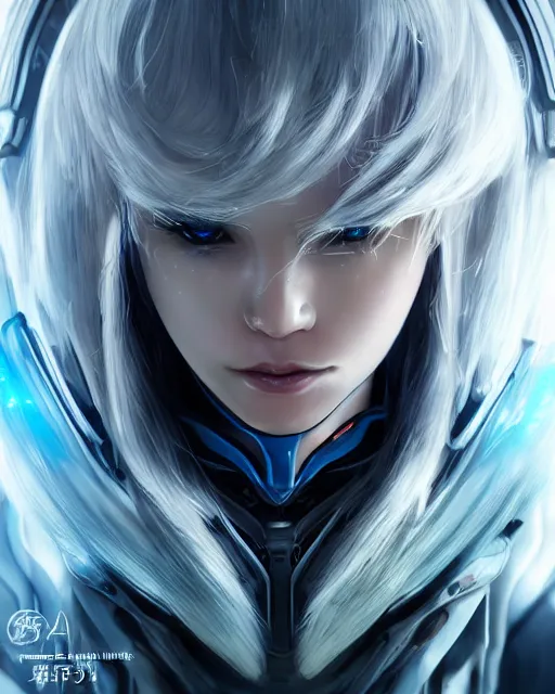 Image similar to detailed portrait of perfect android girl, warframe armor, beautiful face, scifi, futuristic, space station, laboratory, song hye - kyo, dreamy, long white hair, blue cyborg eyes, cinematic lighting, innocent, highly detailed, sharp focus, smooth, artstation, intricate, award winning, pure aura, divine, by akihiko yoshida