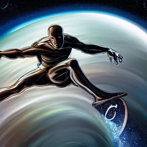 Prompt: silver surfer surfing on top of a car in space, heavy motion blur, gerald brom, 4k