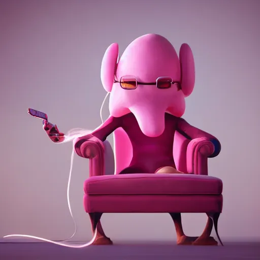 Prompt: an anthropomorphic pink squid sitting in a comfortable armchair while playing videogames, digital art, trending on artstation, cgsociety, octane render, RPG portrait, dynamic lighting, fantasy art, hyperrealistic -8