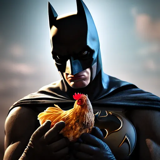 Prompt: An epic fantasy comic book style portrait painting of batman eating a chicken, unreal 5, DAZ, hyperrealistic, octane render, RPG portrait, dynamic lighting