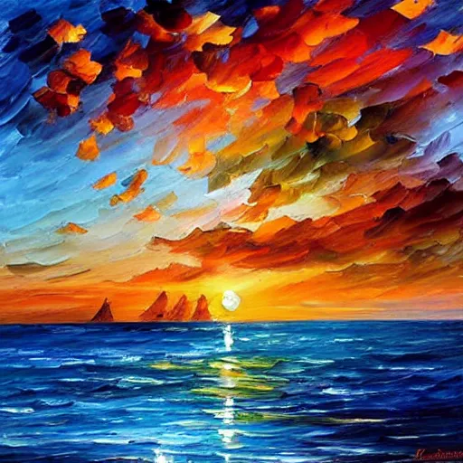 Prompt: rising sun on the caribbean bay, by leonid afremov and moebius