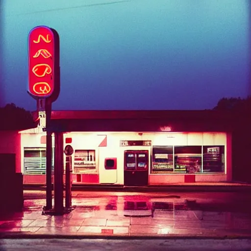 Image similar to “gas station photography, neon, heavy rain, cars, cyberpunk, various subjects, cinestill 800t, in the style of William eggleston”