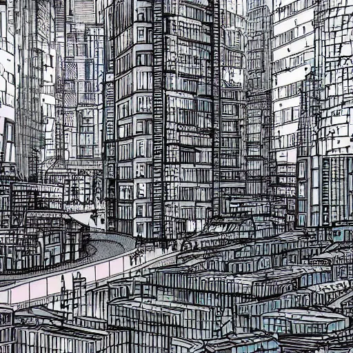 Image similar to researchering impression : cyberpunk chinese cityscape ), by arnold buloweren and lajos gulacsy, line art, speedpainting eternal sunshine of a spotless mind, 8 k resolution