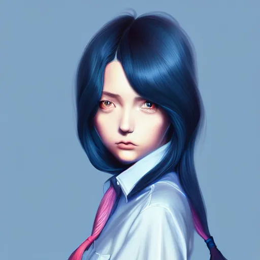 Image similar to urban high school girl in shirt fanart, dark blue long hair, muted colors, matte print, pastel colors, ornate, digital art, digital painting, fan art, elegant, artstation, by Ilya Kuvshinov