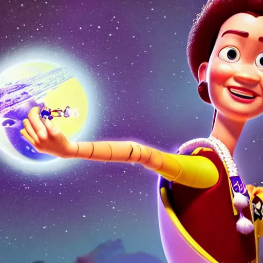 Image similar to a closeup of a woman wearing a neckless on the neck with a glowing planet Saturn as the pendant, the rings are glowing around the planet, the woman's hand reaching for the pendant, in the style of toy story Pixar movie