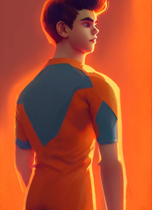 Image similar to teenage archie andrews wearing an orange superhero costume, intricate, elegant, glowing lights, highly detailed, digital painting, artstation, sharp focus, illustration, art by wlop, mars ravelo and greg rutkowski