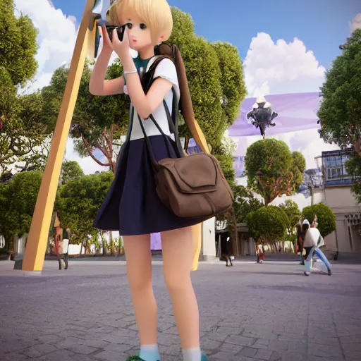 Image similar to cute fumo plush of a tourist girl taking photographs, anime girl, vray