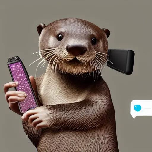 Image similar to a cute anthropomorphic otter using an android phone at home