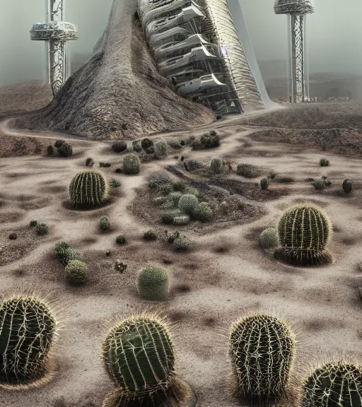 Prompt: surreal theory of the massive white inverted roots, unfinished vertical roots, futuristic tower, futuritic architecture, ancient epic towers in the mining tailings in the desert, biroremediation plant, foggy sky, a little bit of patchy cactus, octane render, unreal engine, pale colors, high detail, 8 k, wide angle, trending on artstation, behance