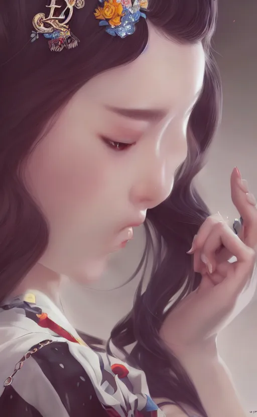 Image similar to a pin up and beautiful fashion charming dreamlke korea girl with lv jewelry, character art, art by artgerm lau and kyoung hwan kim and and ilya kuvshinov and john singer sargent, hyperdetailed, 8 k realistic, symmetrical, frostbite 3 engine, cryengine, dof, trending on artstation, digital art