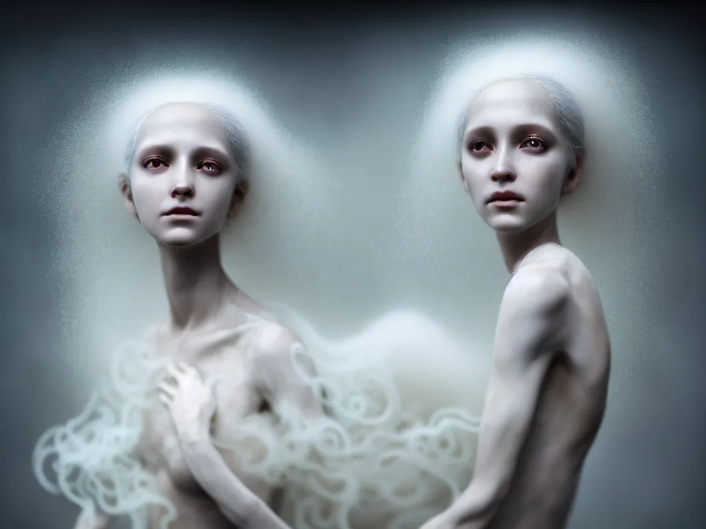 Prompt: photo of a delicate, dreamy, feminine, subsurface scattering, white, young beautiful bio - mechanical cyborg in cosmos long white hair floating in air, fluid smoke art, black and white, octane render, dino valls, mark ryden, joe fenton, michal karcz, highly detailed, rim light, art, cinematic lighting, hyper realism, 8 k
