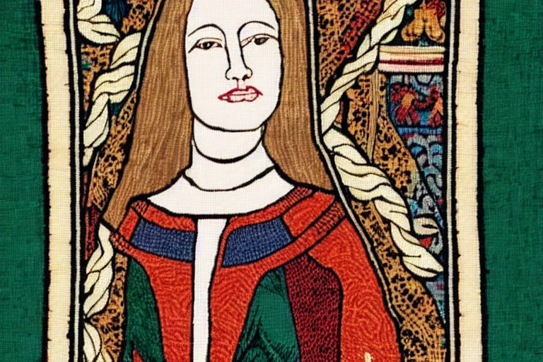 Image similar to a blonde woman wearing medieval tapestry as clothing