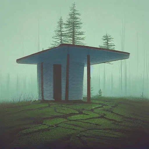 Image similar to “ swedish futuristic cabin next to the lake in the forest by simon stalenhag, misty morning ”