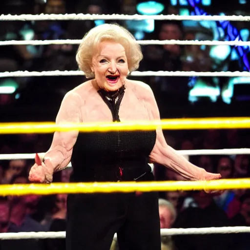 Image similar to betty white as wwe champion standing in a wrestling ring