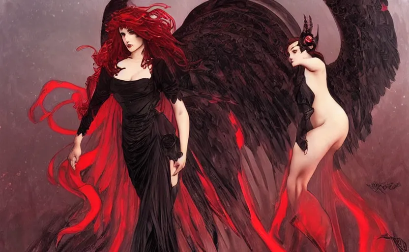 Image similar to Female dark angel in gothic red and black dress, their black wings are extended. By artgerm and greg rutkowski and alphonse mucha