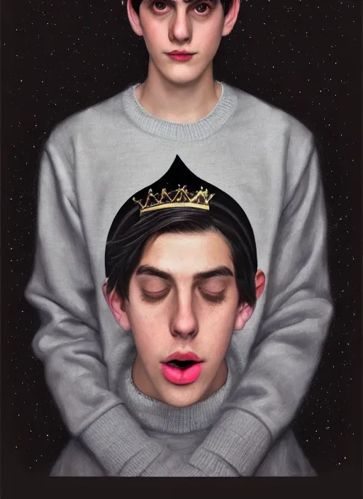 Image similar to portrait of teenage jughead jones wearing a light grey crown, photorealistic, crown, eyes closed, crown, black hair, sweater with letter s on it, letter s, intricate, elegant, glowing lights, highly detailed, digital painting, artstation, concept art, smooth, sharp focus, illustration, art by wlop, mars ravelo and greg rutkowski