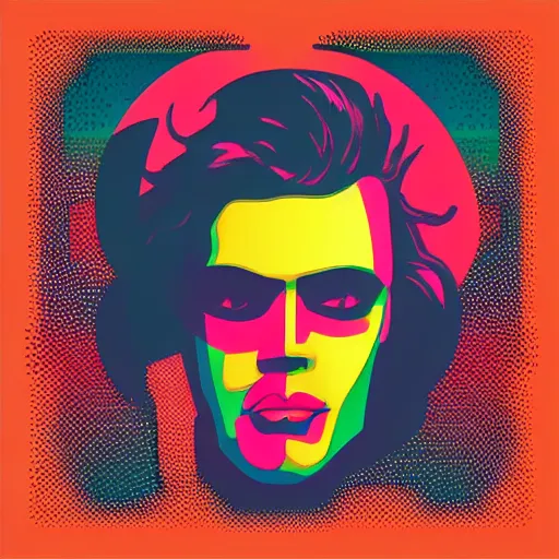 Prompt: a face with a tatoo of semi colon in retro colors, synthwave style, 2 d digital vector art