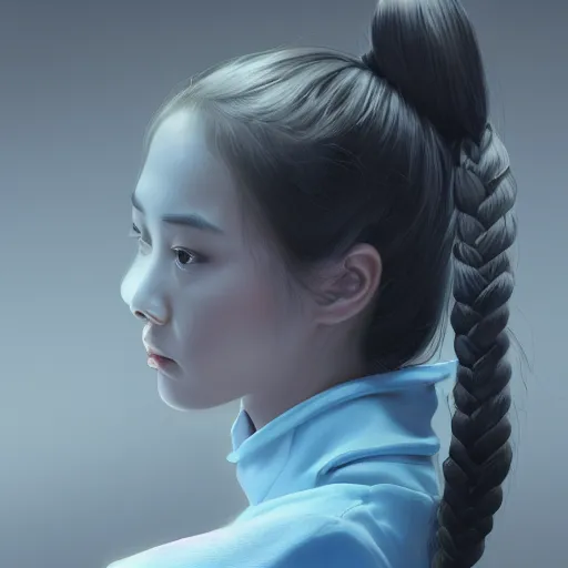 Prompt: a photorealistic hyperrealistic, bright blue eyes, light asian young girl, ponytail hair, flawless face, asian eyes, cute face, black turtle neck shirt, by wlop, artgerm, greg rutwoski, alphonse mucha, beautiful dynamic dramatic low - light moody lighting, cinematic atmosphere, artstation, concept design art, octane render, 8 k