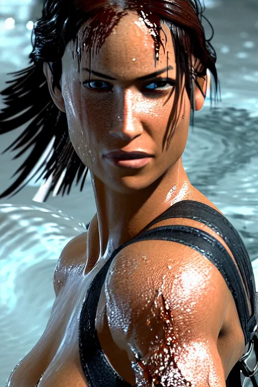 Image similar to a film still of lara croft, close up face, muscular body, drenched body, photography, wet dripping hair, emerging from the water