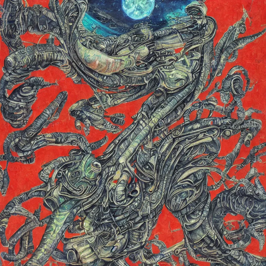 Prompt: realistic detailed painting of aliens and ufos, Ufos, vivid, japanese kanji everywhere, japanese kanji, kanji