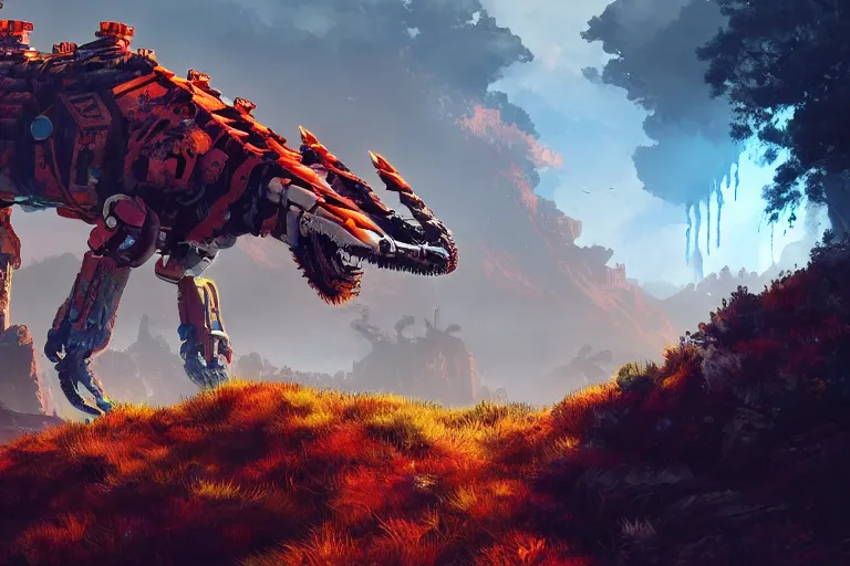 Image similar to fireclaw machine mecanical creature robot of horizon forbidden west horizon zero dawn bioluminiscence global illumination ray tracing hdr fanart arstation by ian pesty and alena aenami artworks in 4 k