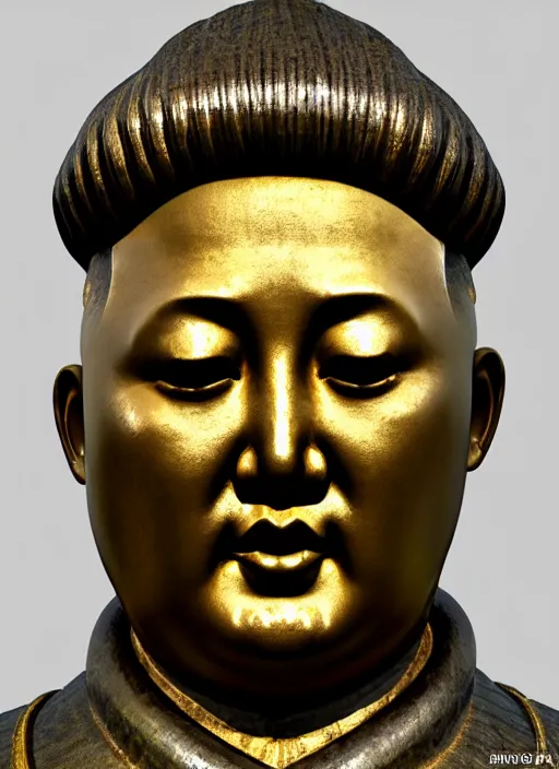 Prompt: medieval statue of kim jong un, elegant, filigree renaissance sculpture from jade, gold and brilliants, brilliant symmetry, created by verrocchio andrea, leonardo da vinci, sandro botticelli, raffaelle monti, epic 7 0 mm lens shot, artstation trending, photorealism, sharp focus, smooth, establishing shot, sense of awe