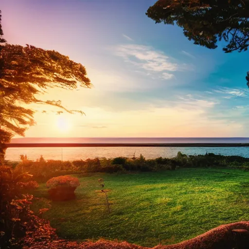 Image similar to beautiful house with sea view, sunset, wide shot, in forest in background, canvas, cinematic, kodak ektar, wide angle, f / 2 2, lens flare, high contrast, 4 k, full - hd, sunlight, ray tracing global illumination, ray tracing reflections