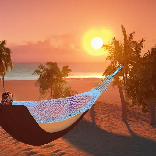 Image similar to Stable diffusion robot relaxing in a hammock between two palm trees, beautiful beach and sunset, while inpatient users try to contact it on a laptop that's standing to the side. Digital art, octane render, 4k, 8k, 56k dialup